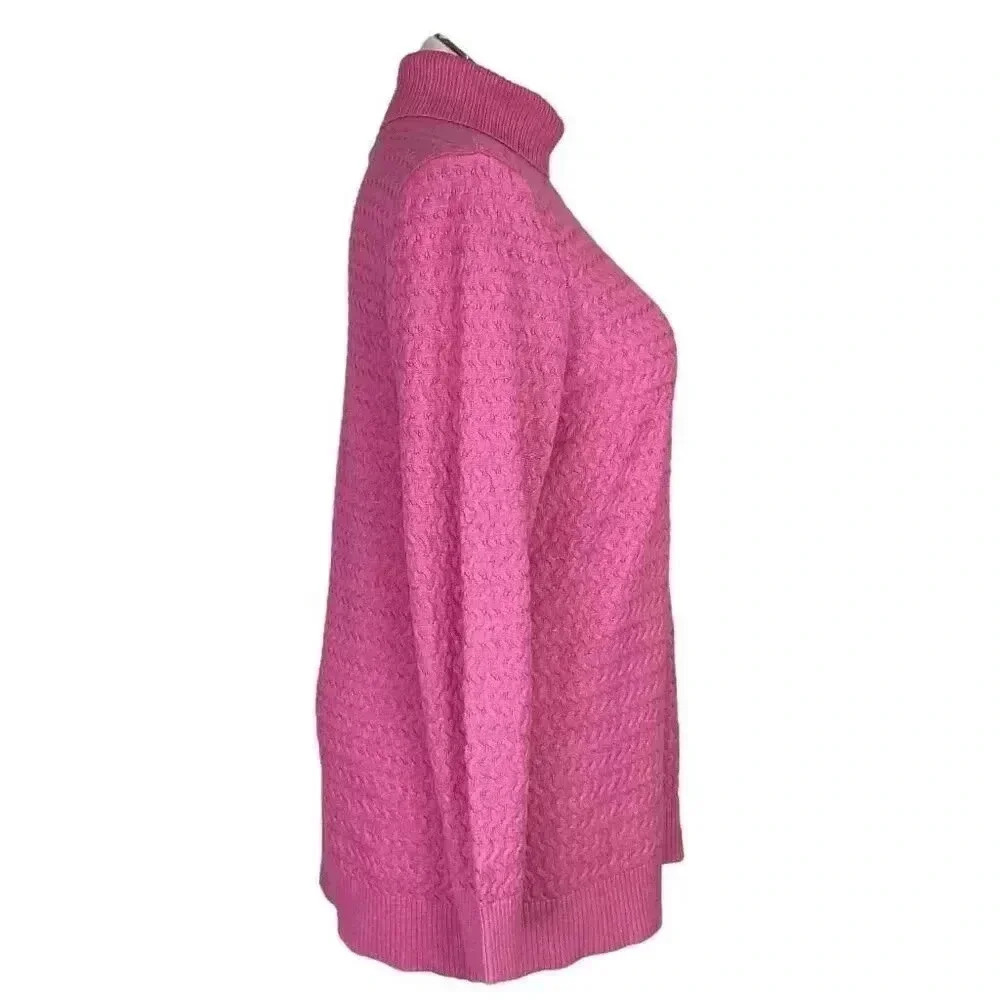 Lands End Sweater Women 18 Pink Cotton Cable Knit Turtleneck Long Sleeve - Picture 3 of 5